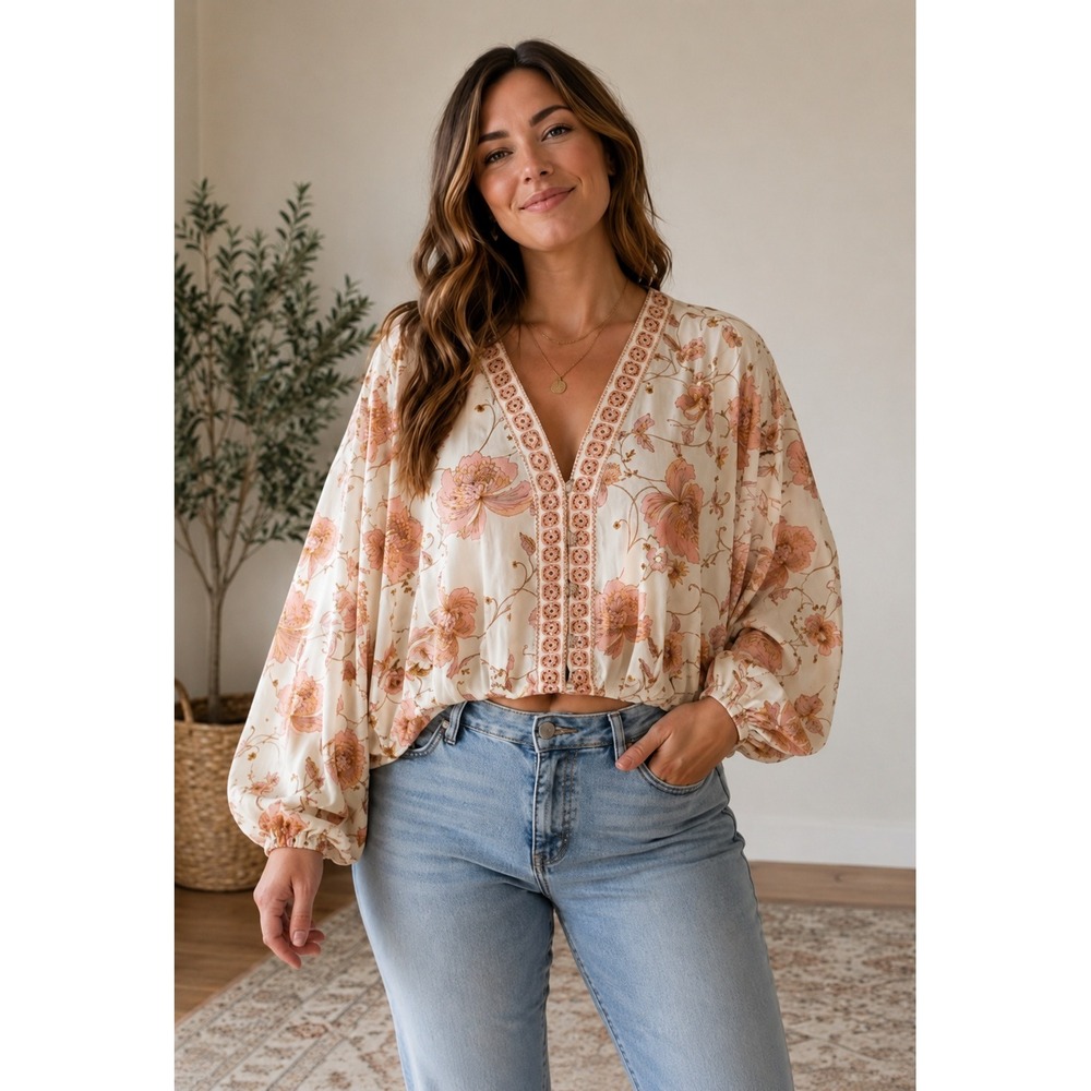 Rose + Olive Floral Crop Blouse Womens‎ Large Pink Purple Boho Balloon Sleeve